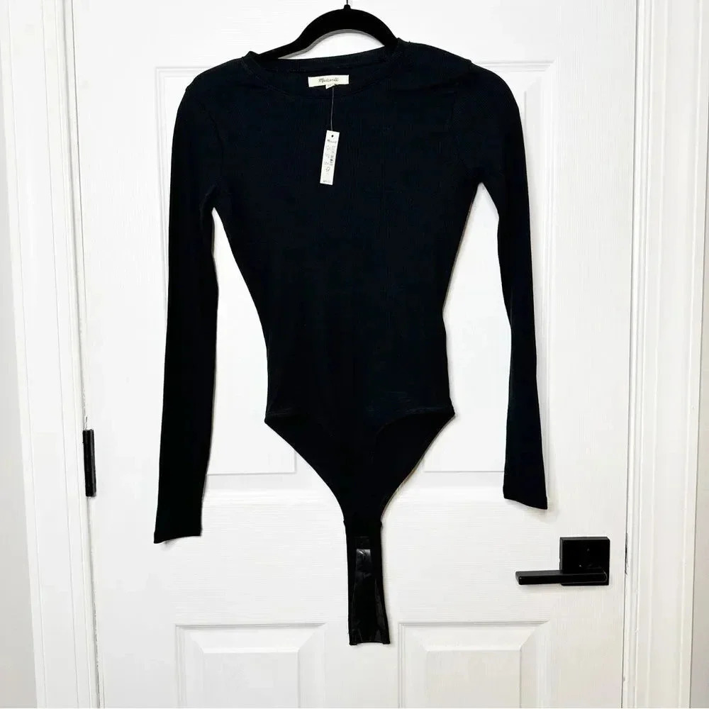 MADEWELL Ribbed Crewneck Full-Coverage Bodysuit Black Long Sleeve Ribbed‎ XXS